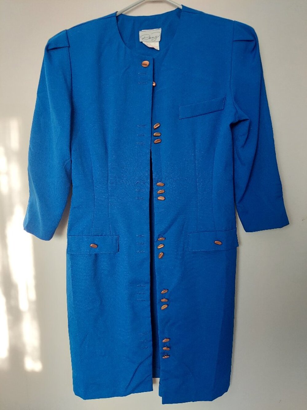 vintage Dany Royal Blue Dress Sz 8 Grouped Gold Buttons 80s-style shoulder Pads